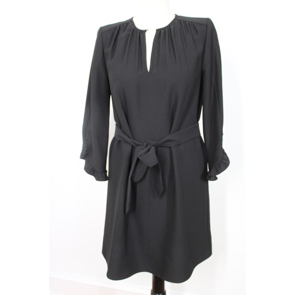 Kate Spade XS Black Crepe Ruffle Trim 3/4 Sleeve Belted Shift Dress - Picture 1 of 9